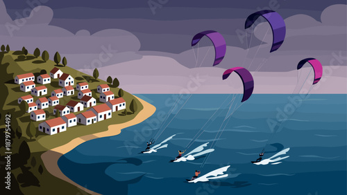 Coastal kitesurfing adventure: vibrant oceanside scene with colorful kites