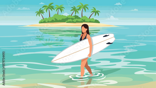 Surfer woman in tropical paradise with surfboard and palm trees