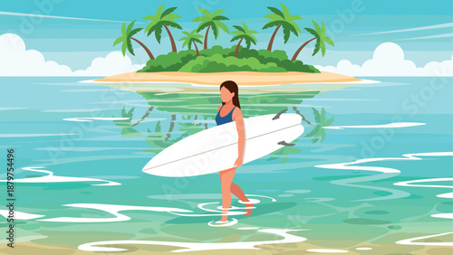Woman surfer with board in tropical paradise landscape