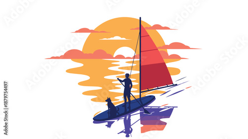 Sunset paddleboarding adventure with dog against vibrant sky and ocean