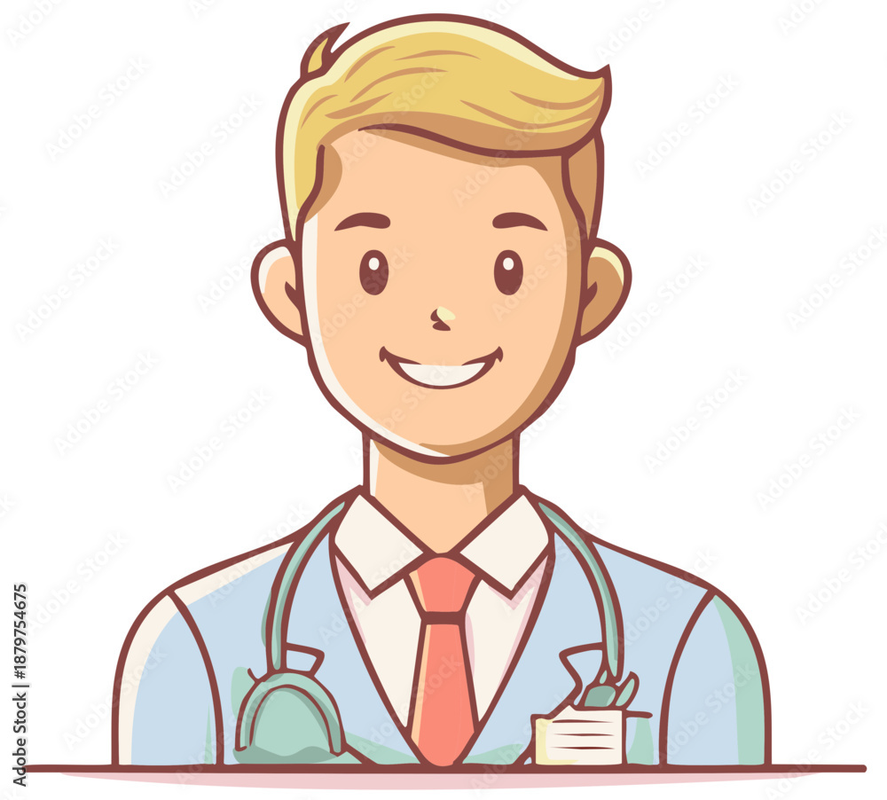 Fototapeta premium Smiling Doctor in Lab Coat with Stethoscope and Name Tag, Medical Professional Illustration