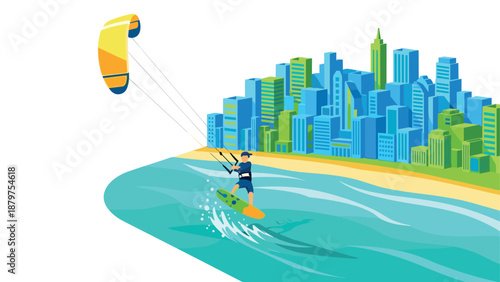 Kitesurfing adventure on turquoise waters near urban skyline in vibrant colors
