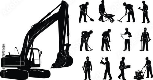 Construction, workers, silhouettes, set, excavator, labor, activities, tools, industrial, machinery, building, site, engineering, workforce, safety, isolated, black, vector, illustration, collection