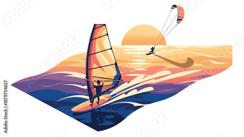 Sunset adventure with windsurfing and kitesurfing in vibrant ocean scenery