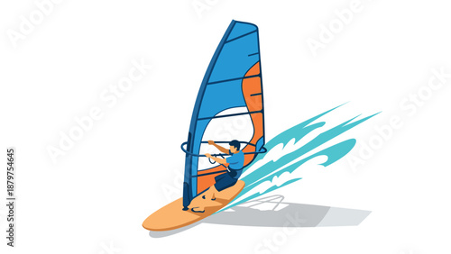 Dynamic windsurfing adventure in vibrant flat art style with splashing waves