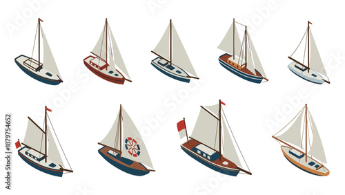 Collection of isometric sailing boats with brown and white sails on a transparent background