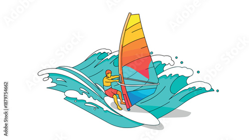 Colorful windsurfer navigating dynamic ocean waves in modern art style