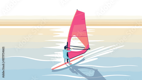 Flat minimalist windsurfing scene with dynamic ocean waves and sunset