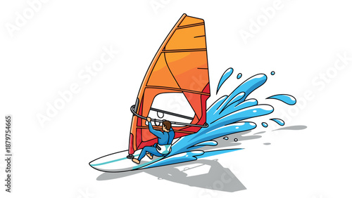 Dynamic windsurfing adventure with bold colors and splashing waves