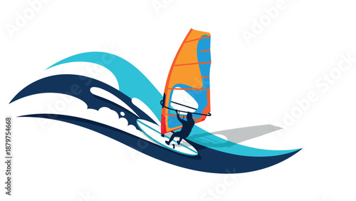 Windsurfing adventure in dynamic waves with bright orange sail