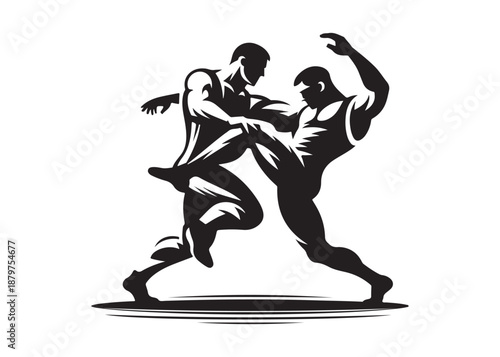 wrestling logo silhouette vector, wrestling boxing logo silhouette illustration, wrestling sport championship logo vector, two wrestlers fighting logo silhouette vector on white background.