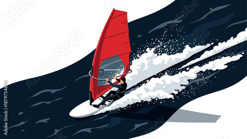 Dynamic windsurfing adventure with red sail and splashing waves