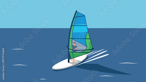 Windsurfer gliding on open sea in simple flat design on a sunny day