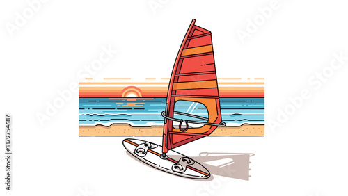 Vibrant windsurfing scene at sunset on a calm beach with blue ocean waves