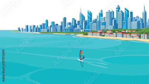 Modern cityscape with coastal skyline and windsurfer on blue ocean waters