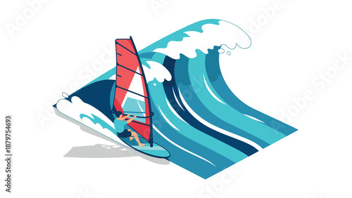 Dynamic windsurfing adventure on big ocean wave in minimalist style
