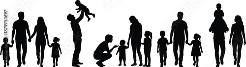 Black silhouette illustration of diverse family groups in interactive poses, ideal for parenting themes, emotional connection, social bonding, and conceptual design projects.