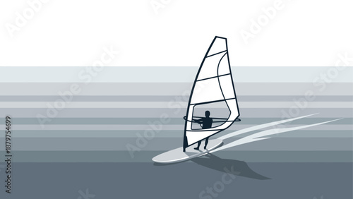 Silhouette of windsurfer on waves with minimalist design in motion