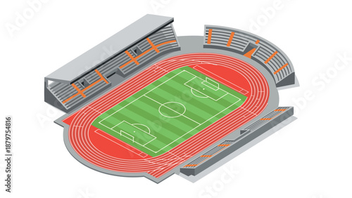 Isometric stadium with soccer field and running track