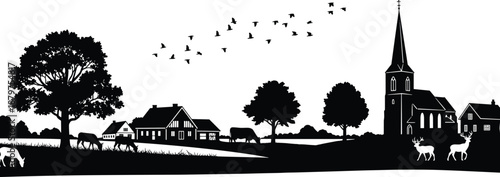 Black and white silhouette of rural village with tree, animals, houses, church, and birds—ideal for countryside themes, nature design, and pastoral artwork.