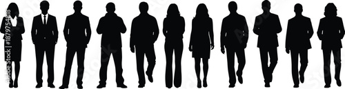 Black silhouette illustration of diverse individuals in casual and professional attire—ideal for teamwork, diversity, human resources, and inclusive design or business visuals.