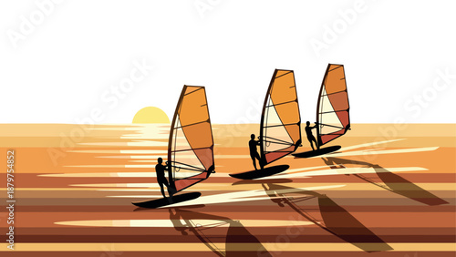 Silhouette windsurfers at sunset on tranquil beach scene
