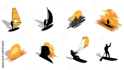 Silhouette water sports icons with sunset backgrounds in flat design