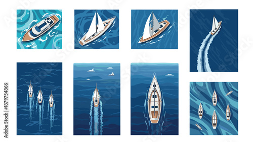 Top view nautical yacht collection in calm waters with artistic blue backgrounds