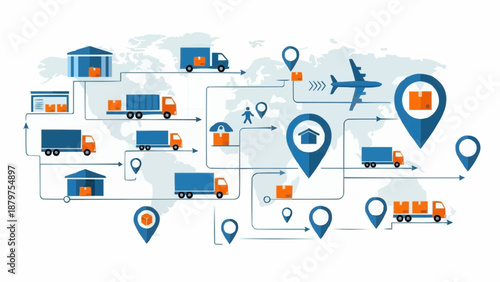 Global logistics network visualized with trucks warehouses airplanes packages and location pins on a world map background