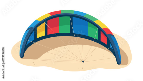 Colorful paraglider wing resting on sandy beach in vibrant flat design