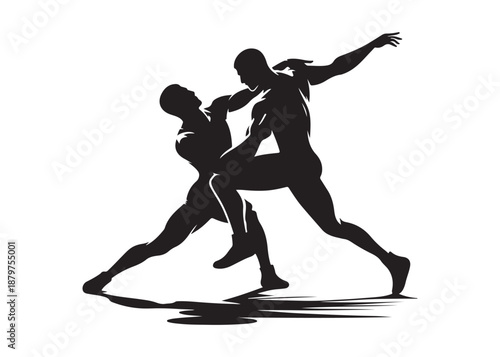 wrestling logo silhouette vector, wrestling boxing logo silhouette illustration, wrestling sport championship logo vector, two wrestlers fighting logo silhouette vector on white background.