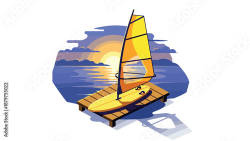 Sailboard on dock at sunset with vibrant waves and dramatic sky