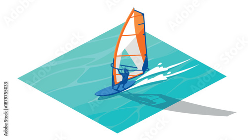 Isometric windsurfing adventure on vibrant waters with dynamic shadows and bold colors