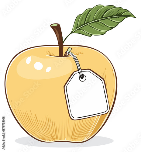 Golden Apple Illustration with Tag, Leaf, Stem, Price Label for Grocery Store