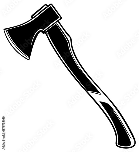 Monochrome Graphic Illustration of an Axe with Wooden Handle and Steel Head