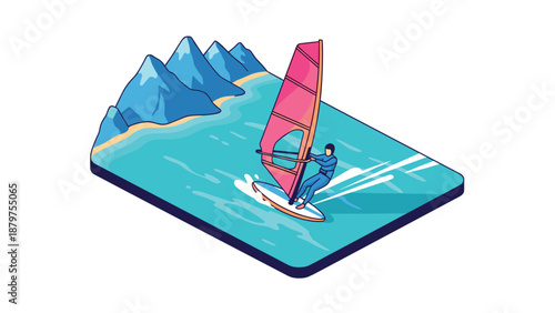Windsurfing adventure in isometric landscape with mountains and ocean