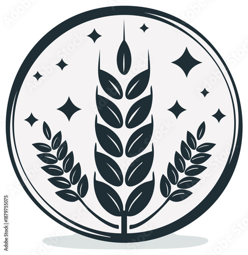 Elegantly Designed Wheat Spike Graphic Depicting Agriculture and Harvest Bounty in Circular Badge with Star Accents