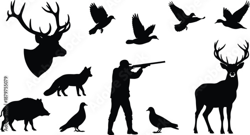 Black silhouette illustration of hunter and wild animals including deer, boar, fox, and birds—ideal for hunting themes, wildlife design, and outdoor recreation visuals.