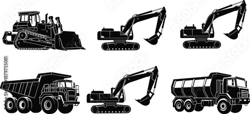 Heavy construction machinery silhouettes set, excavator bulldozer dump truck industrial vehicles, engineering transport equipment icons, isolated black vector illustration
