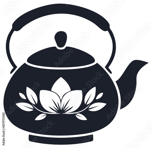 Black Teapot Silhouette with Lotus Flower Decoration Vector Icon