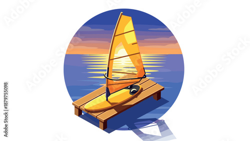 Sunset windsurfing board on wooden dock with ocean reflections in circular design