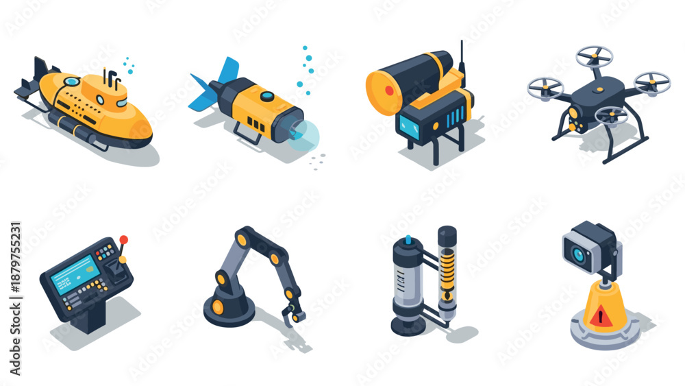Naklejka premium Isometric underwater exploration and technology icons set