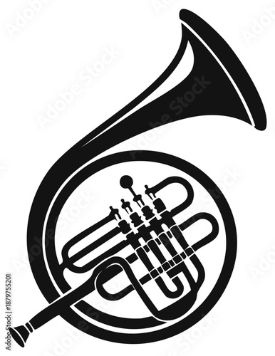 Isolated French Horn Silhouette, Musical Instrument Black Vector Design
