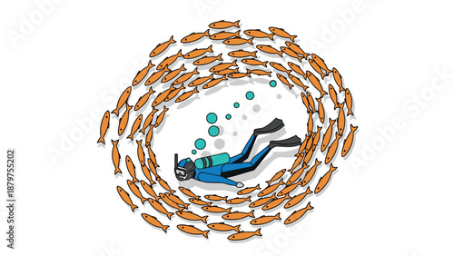 Scuba diver encircled by school of fish in vibrant ocean life scene