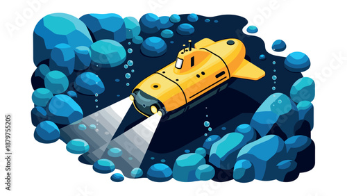 Isometric yellow submarine navigating underwater in rocky ocean scene