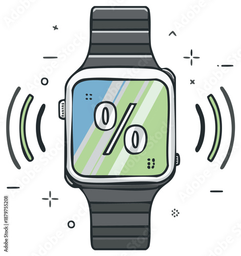 Hand drawn smartwatch displaying percent symbol and receiving a notification