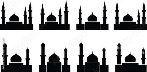Mosque, silhouettes, set, Islamic, architecture, minarets, domes, skyline, religious, buildings, Muslim, culture, worship, landmarks, isolated, black, vector, illustration, spiritual, collection
