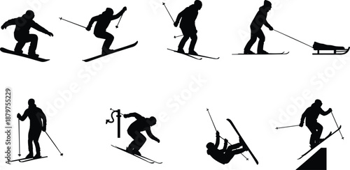 Black silhouette illustration of skiers and snowboarders in dynamic winter sports poses—ideal for athletic design, motion studies, outdoor recreation, and seasonal sports visuals.