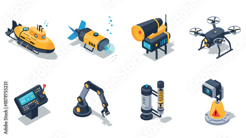 Isometric underwater exploration and technology icons set