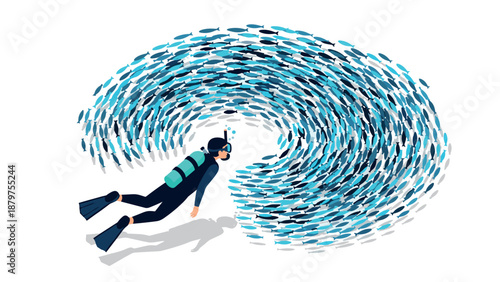 Diver swimming among spiraling school of fish in ocean scene